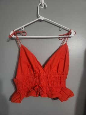 Orange Ruched Smocked Cami Top with Tie Straps